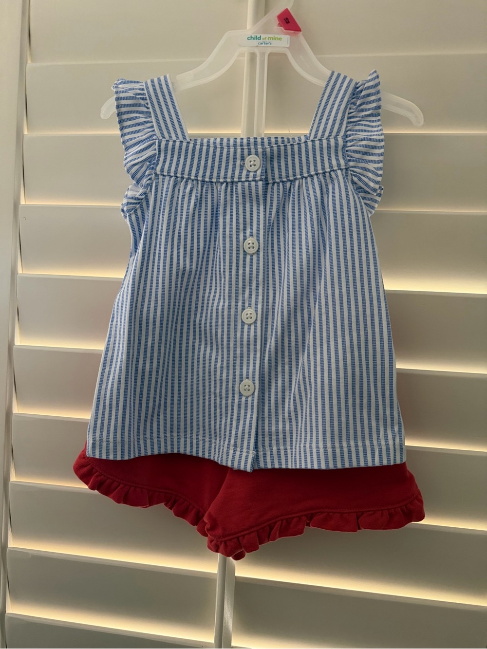 Carter's Blue and White Striped Ruffle Tank with Red Ruffle Shorts 18 months